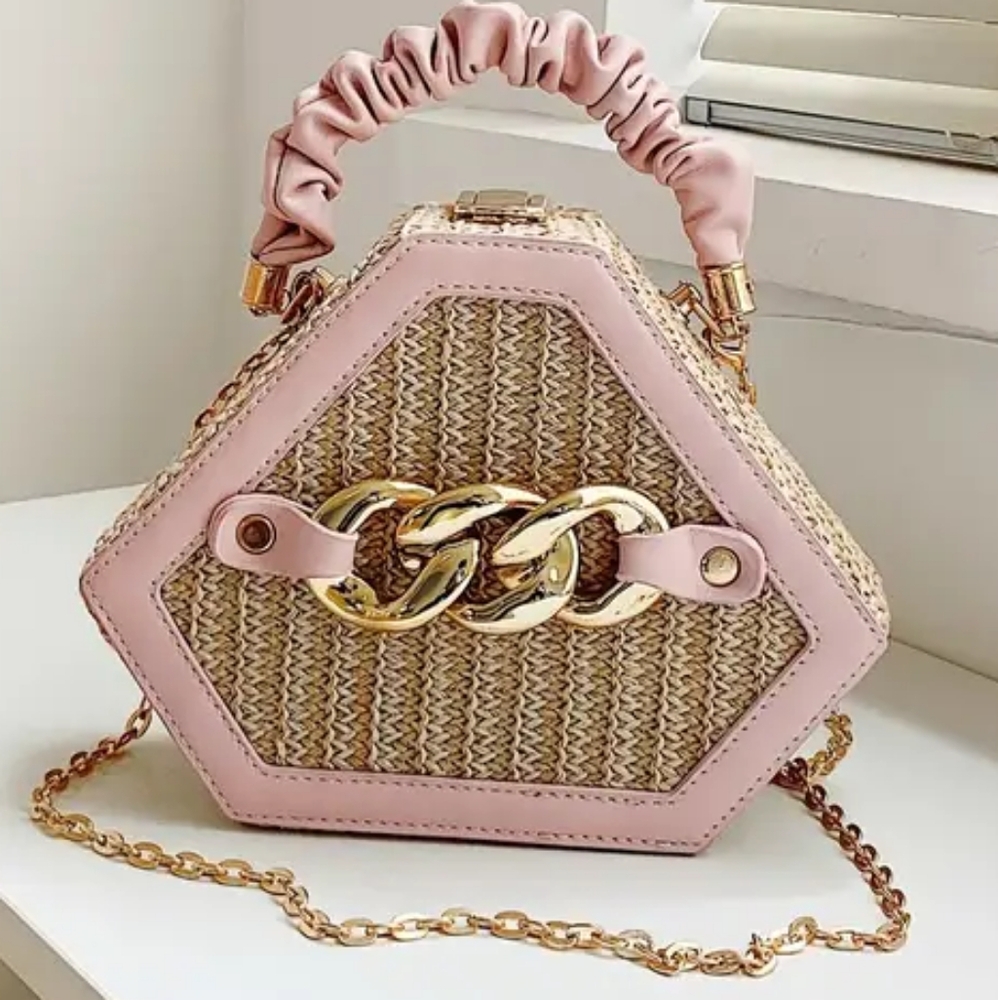 Pink Leather and Straw Hexagon Purse